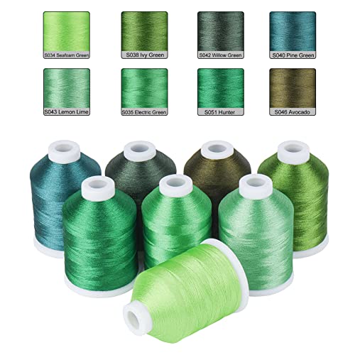 Image of Simthread 8 Shades 550Yds Each 40WT Polyester Embroidery Thread Green Set | 8 green shades with 550Yds each feed smoothly using stable 40WT polyester thread for home and commercial embroidery machines.