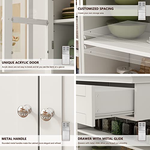 AGOTENI 72.3\" Kitchen Pantry Cabinet, Modern Tall Cabinet with Glass Doors and Adjustable Shelves, Freestanding Utility Storage Cabinet Cupboard for Kitchen, Living Room, Dining Room, White - Thumbnail 5