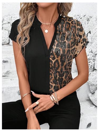 Milumia Women's Leopard Print Sequin Blouses Cap Sleeve Loose Fit Colorblock Shirt Tops4