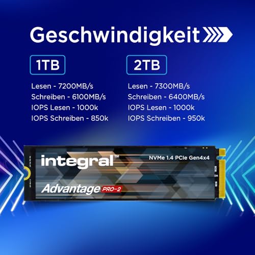 Image of Integral 2TB Advantage Pro-2 M.2 2280 PCIe Gen4 x4 NVMe 1.4 SSD up to 7300MB /s read and 6400MB /s write run cooler technology - no heatsink improved reliability for gaming editing rendering