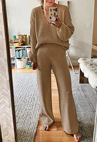 Viottiset Women's 2 Piece Outfits Casual V Neck Knit Wide Leg Sweater Lounge Set Sweatsuit Khaki Large #TOP2