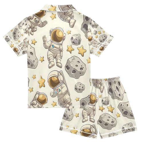 senya Cartoon Astronauts Stars Satin Summer Pajama Sets Silk Short Sleeve Button Down Sleepwear2