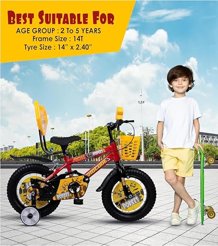 Image of BROCODE Kids Cycle for 2-5 Years Boys & Girls | 14T Baby Bicycle with Training Wheels, Basket & Backrest | Semi-Assembled Kids Cycle - Professional Assembly Recommended | Red BMX Style Bike