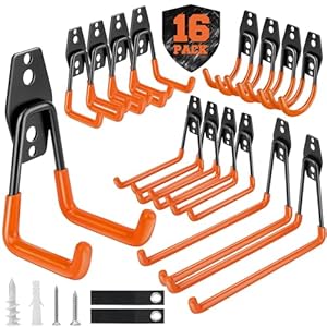 Nacial 16 Pack Garage Hooks Heavy Duty, Utility Steel Garage Storage Hooks with 2 Extension Cord Storage Straps, Utility Garage Wall Mount Hooks for Hanging Bike, Ladder and Garden Tools, Orange