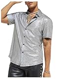 Floerns Men's Metallic Short Sleeve Button Front Lapel Collar Streetwear 70s Disco Party Sequin Shirt Silver M