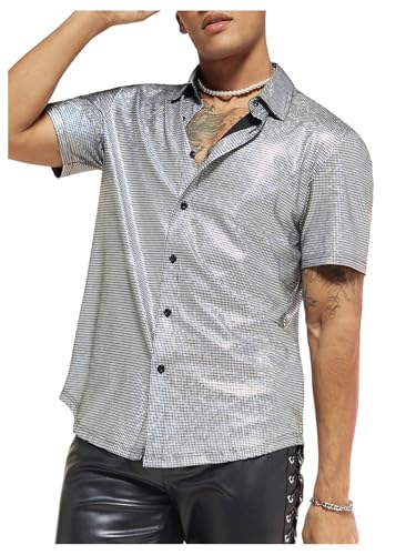 Floerns Men's Metallic Short Sleeve Button Front Lapel Collar Streetwear 70s Disco Party Sequin Shirt