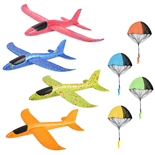 colmanda 4 Pcs Planos de Espuma + 4 Pcs Juguete de Paracaídas, Planeador de Espuma para Niños Juguete Paracaídas Set Mano Lanzamiento Glider Aviones Juguete Volador para Niños (D)