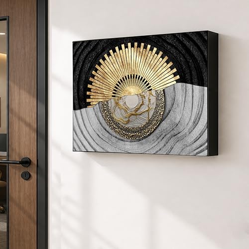 Image of Electric MCB Box Cover Frame With Hydraulic Decorative Gold Textured Sun Painting Electrical Panel box Cover, Switch Box Frame Will Fit Max 15x20 inch Switch Board, Outer Box Size 17X23 Inch