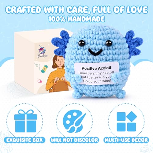 Image of Positive Crochet Axolotl Gifts, Handmade Emotional Support Crochet Animals, Inspirational Motivational Encouragement Gift Creative Cute Crochet Decorations Birthday Gift for Women Men-Blue