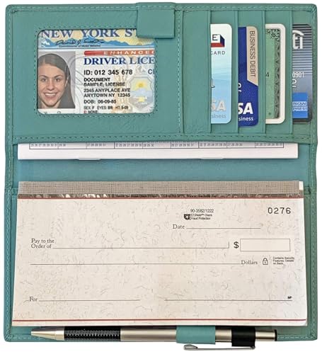 Turquoise RFID Leather Checkbook Cover With Credit Card Slots and Pen Holder