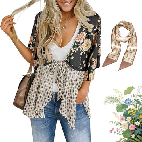 Women's Floral Kimono Ruffle Sleeve Tie Cardigans Flowy Boho Loose Cover Ups Short Beach Tops (Black, XL)