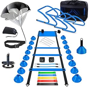 Haootadiy Agility Training Equipment, Football Training Equipment Includes 20FT Agility Ladder,4 Adjustable Agility Hurdles, 16 Football Cones, Parachute, for Training Soccer Basketball Athletes(Blue)