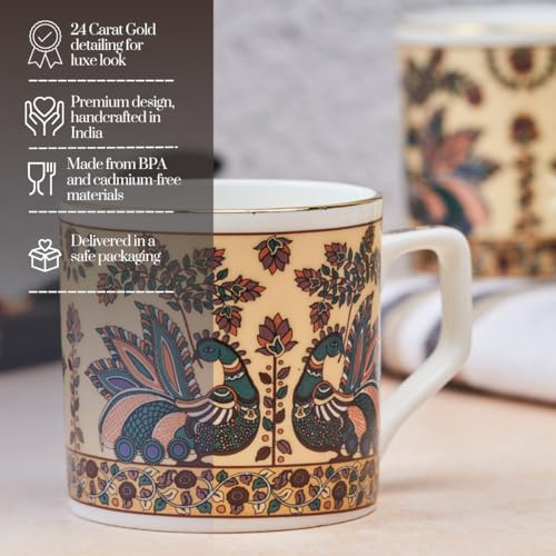 Image of GOLDEN QUEEN'S Handcrafted Tea Cups - Set of 6 | Ideal for Everyday Tea and Coffee, Enhancing Your Daily Rituals (Handpainted Peacock)