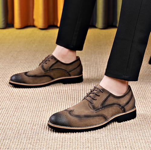 Men's Suede Leather Wingtip Vintage Oxfords Low Top Lace-Up Low Block Heel Carved Brogue Dress Derby Shoes for Casual Business3