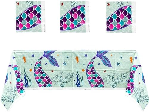 MALLMALL6 3Pcs Mermaid Table Cover Set Birthday Party Supply Waterproof Fairy Tale Theme Decorate Tablecloth Large Plastic Rectangular Mermaids Tail Design Kitchen Decoration for Baby Shower Picnic image 2