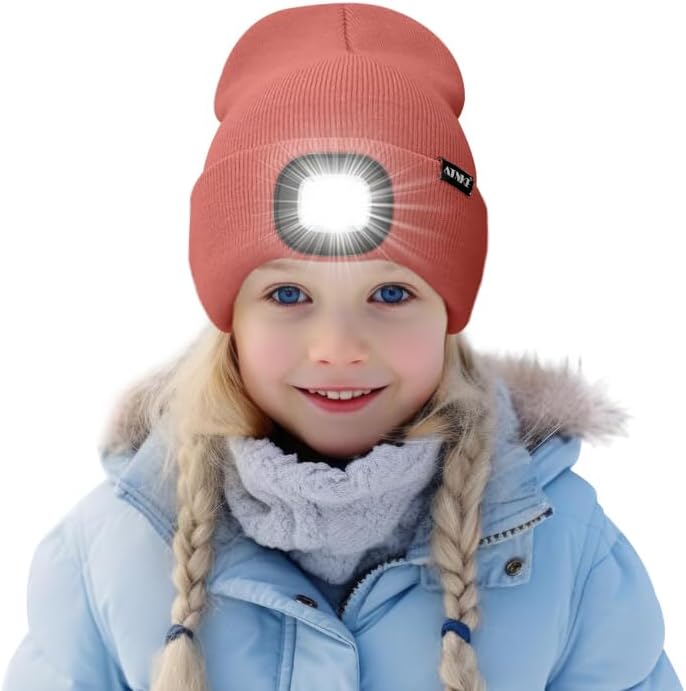 ATNKE Kids LED Lighted Beanie Hat,USB Rechargeable 4 LED Running Headlamp Bright Cap with Light Gifts for Boys and Girls