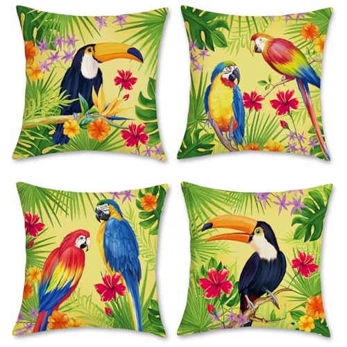 Bonhause Tropical Birds Parrot Toucan Throw Pillow Covers 18 x 18 Inch Set of 4 Flowers Leaves Outdoor Decorative Pillow Cases Polyester Linen Cushion Covers for Sofa Couch Car Bedroom Home Decor