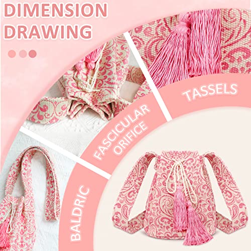 Canvas Crossbody Bags for Women, Tassels Drawstring Bucket Bag, Bohemian Pink Floral Pattern Handbag, Large Capacity Travel Shoulder Bag3