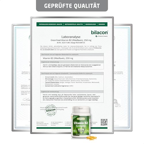 Vitamin B2, hochdosiert, 250mg - 180 Tabletten, vegan. Riboflavin – unterstützt Energiestoffwechsel, Sehkraft, Haut & Nerven. OHNE künstliche Zusätze - laborgeprüft. Von Greenfood.