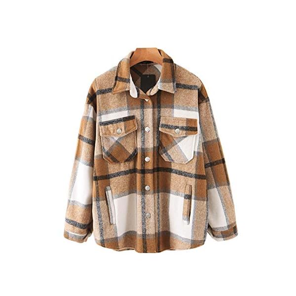 Womens-Casual-Flannel-Wool-Blend-Plaid-Lapel-Button-Down-Long-Sleeve-Shacket-Jacket-Coat-Winter-Loose-Oversize-Shirts BOUTIKOME Womens Plaid Shacket Button Down Long Sleeve Shirt Coat Fall Winter Flannel Jacket Loose Shirts(Khaki, Medium)