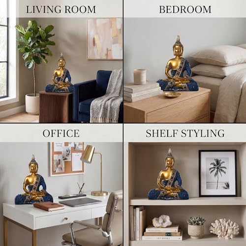 Image of Kuber Industries 6x8 Inch Meditating Sitting Buddha Idol Statue for Living Room | Resin Buddha Showpiece for Home Decor, Office, Temple & Gifting Item | Blue