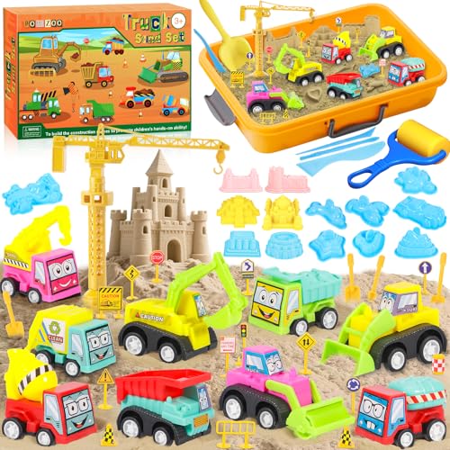 POWZOO Sabbia Cinetica per Bambini,Kit Completo con 1000g Sabbia Magica,9 Macchinine,20 Segnali Stradali,Gru e Castello + Scatola di Conservazione-Giocattoli Sensoriali,Giochi Regalo,per Ragazze 3+