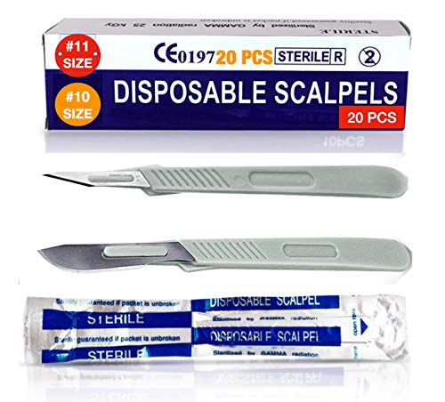 Disposable Scalpels 10 + 11 Pack of 20 Disposable Dermaplaning Blades with Plastic Handle, Surgical Knife Scalpel, High Carbon Steel Dermablade Surgical Blades Individually Wrapped Sterile ? Box of 20