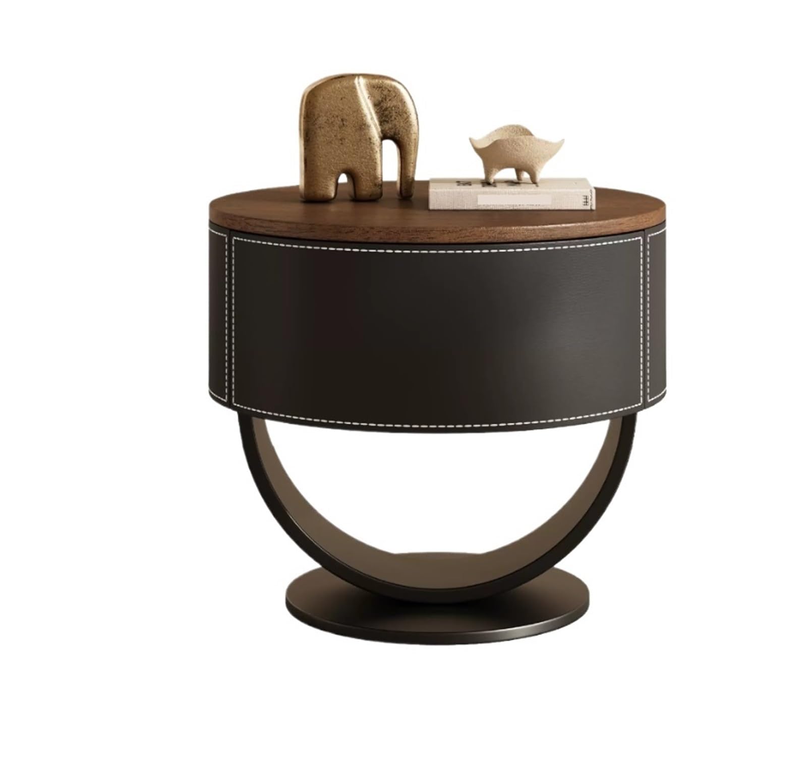 HLHLOP777 Nightstand Round Bedside Table Made With Leather Trim And A Hidden Drawer Bedroom Furniture(Black)