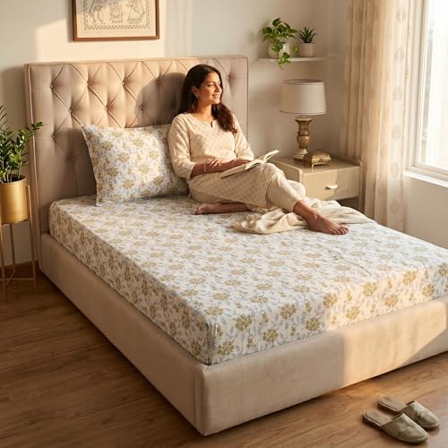 Image of Mafatlal Grace Elegant Single Bedsheet | 186 TC | 60x90 Inch | Smooth Cotton Fabric with Premium Finish | Printed Design with Pillow Cover | Old Gold