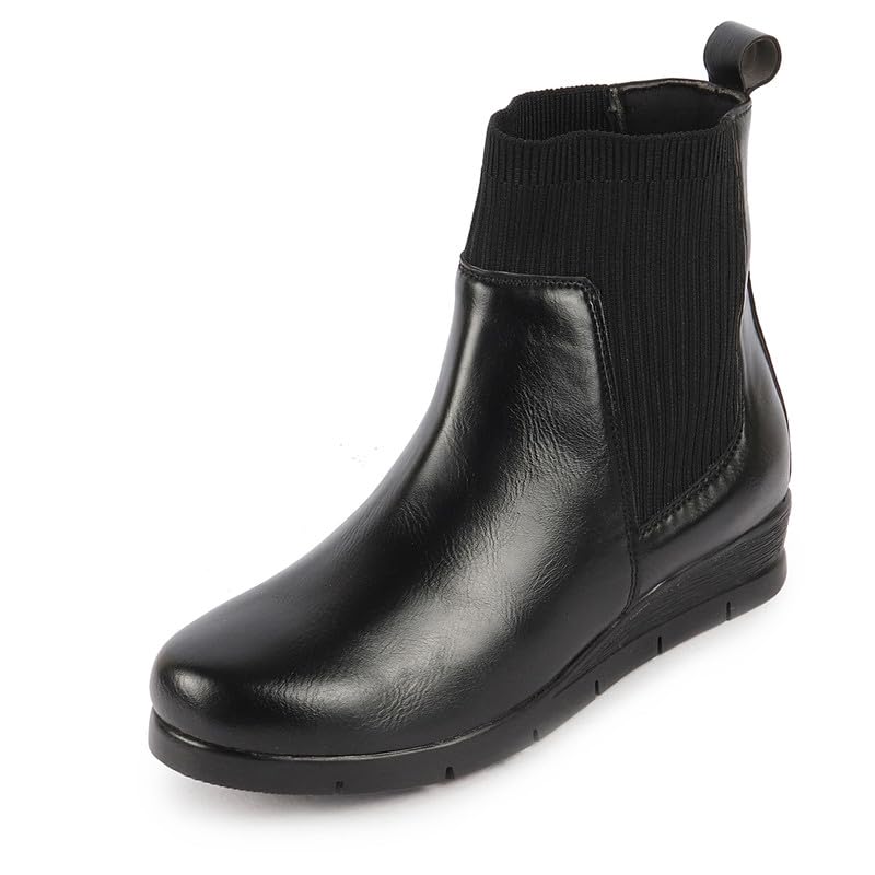 FAUSTO FST KI-798 BLACK-38 Womens Black Mid Top Socks Collar Broad Feet Slip On Wedge Heel Chelsea Boots (5 UK) (B0CM9RY26L) Amazon Price History, Amazon Price Tracker