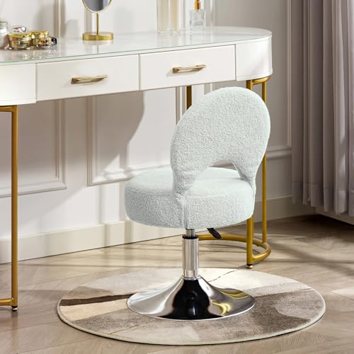 Image of Adjustable Small Vanity Chair with Folding Back for Makeup | 360 Swivel Vanity Stool for Dressing Room | Comfy Teddy Ottoman Stool for Bedroom | Large | Beige