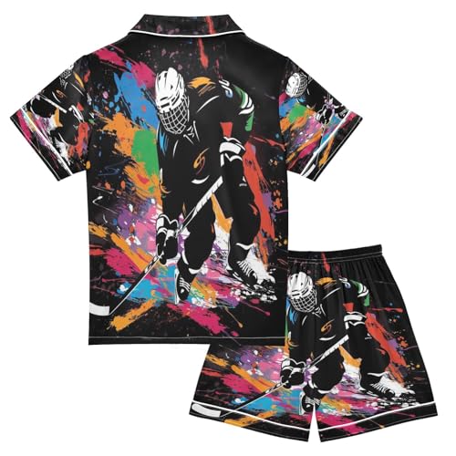 ALAZA Ice Hockey Player on Black Satin Pajamas Set Short Sleeve Button Down Sleepwear Summer Pjs 2 Piece2