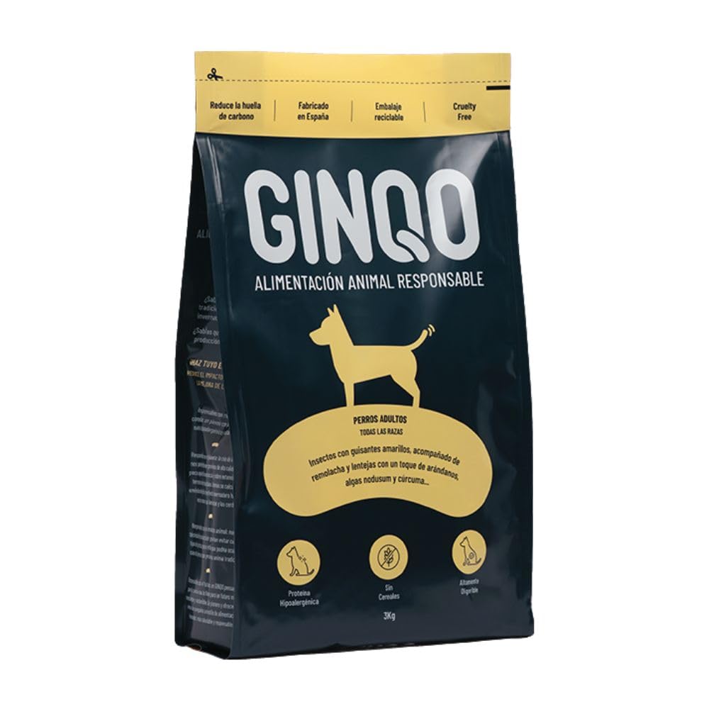 Ginqo Pienso Natural para Perros Adultos con Proteína de Insectos, Hipoalergénico, Sin Cereales, Sin Gluten, Digestivo - 27% Proteína (3 kg)