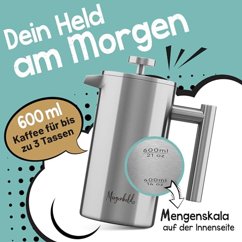 Morgenheld Premium thermo Edelstahl French Press 600 ml 3 Ersatz Filter Stempelkanne Kaffeepresse Isolierkanne Barista Kaffeezubereiter doppelwandig Kaffeekanne manuell 600ml Kaffeedrücker 2