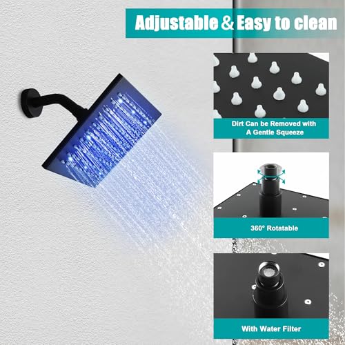 SKOWLL Juego de Grifería para Ducha Negro Mate, Montaje en Pared, Cabezal de Ducha LED de 8 Pulgadas, Kit con Válvula de Una Función miniatura 4