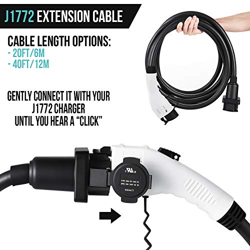 Lectron 20ft/6m J1772 Extension Cable Compatible with All J1772 EV Chargers - Flexible Charging for Your Electric Vehicle