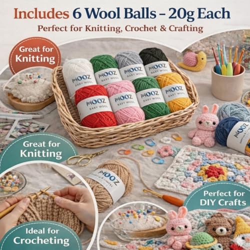 Image of MOOZ Baby Wool Yarn Set - (20g Each) Soft Knitting & Crochet Wool for DIY Craft, Hand Knitting, Crochet Projects & Art Supplies (Pack of 6)