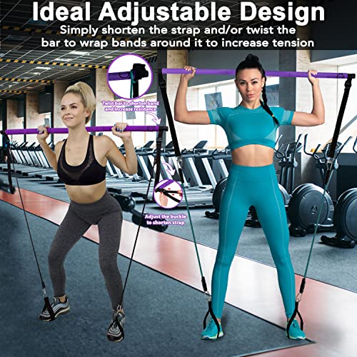 Upgraded Portable Pilates Bar Kit - Adjustable 46.5 Inches 3 Section Pilates Bar With Resistance Bands 20, 30, 40 Lbs. Home Workout Equipment For Women With 2 Foot & Hand Loops For Legs And Full Body #TOP2