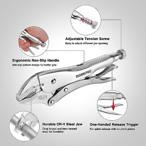 WORKPRO Locking Pliers, 10-inch Curved Jaw Vice Grips pliers, Chromium-Vanadium Steel Locking Pliers with Wire Cutter, Locking Adjustable Vise Grips for Clamping Twisting Welding - Image 4