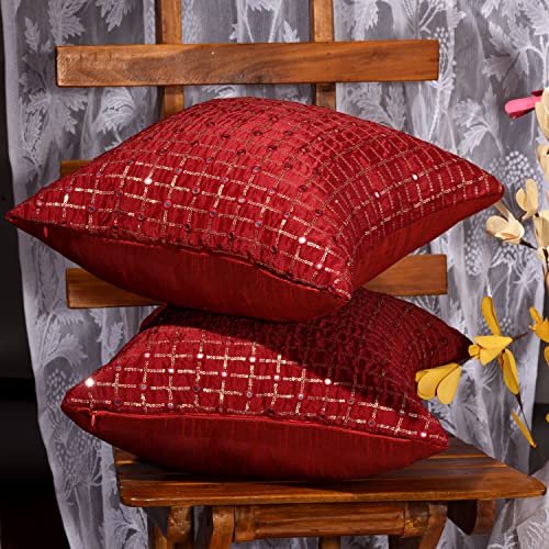 Image of Mirror Work Cushion Covers 20x20 Set of 2, Red Embroidered Silk Pillow Covers, Designer Pillows for Sofa with Sequin Embroidery