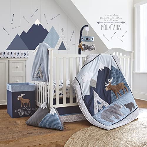 Image of Levtex Baby - Trail Mix Plush Blanket - Appliqued and Embroidered Racoon on Blue Plush - Blue, Black, Grey - Nursery Accessories - Blanket Size: 30 x 40 in.