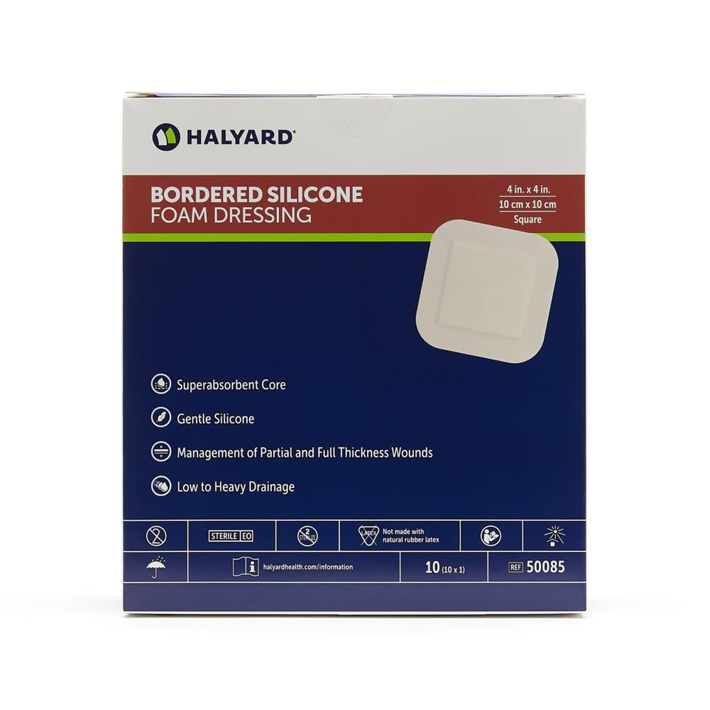 HALYARD Multi-Layer Bordered Silicone Foam Wound Dressing, Gentle Adhesive Superabsorbent Core Conformable & Breathable Water Resistant Protective