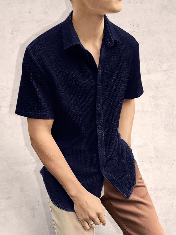 Image of Pinkmint Popcorn Shirt for Men Soild Slim Fit Sleeve Spread Collar Trendy Men Shirt Summer Wear Goa Wear Olive