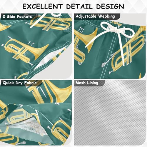 Boys Beach Board Shorts Trumpet Music Dance Green Swim Trunk Teen Swimwear 8-16Y3