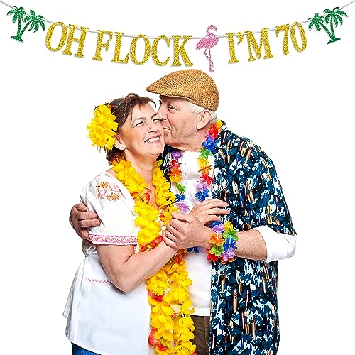 Image of Oh Flock I'm 70 Banner, Glitter Happy 70th Birthday Anniversary Party Decorations, Pineapple Party Decor, Hawaiian Luau Tropical Aloha 70 Theme Photo Props