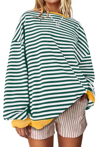 Image of UEU Women Oversized Striped Crewneck Sweatshirt Long Sleeve Color Block Pullover Tops Casual Loose Workout Shirt