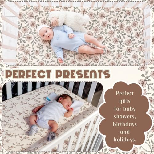 Image of Peryiter 4 Pack Crib Sheets Brown Retro Floral Soft Baby Bed Sheet Set 52'' x 28 inch Nursery Crib Sheets for Standard Bed Toddler Mattress Nursery Decor Boys Girls Kids