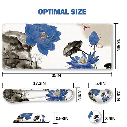 Image of ARTSO Extended Gaming Mouse Pad Set, Keyboard Wrist Rest Support Pad + Wrist Cushion + XXL Large Mouse Pad + Coaster, Stitched Edge, Non-Slip, Memory Foam Desk Mat, Blue Lotus Ink Painting