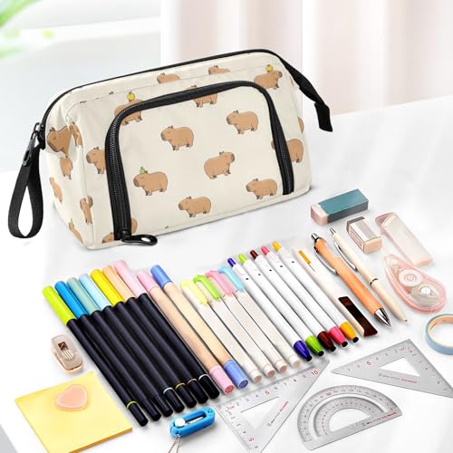 Image of Capybara Beige Print Pencil Case Pouch Big Capacity Pencil Bag Box Organizer Pen Case with Compartmens Stationery Organizer for Girls Boys Women School College Office