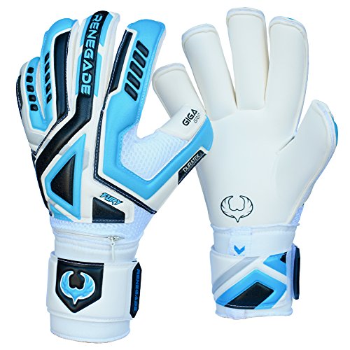 Renegade GK Fury Sub-Z Goalie Gloves with Pro-Tek Fingersaves | 4mm Giga Grip & 4mm Duratek | White, Blue, Silver, Black Goalkeeping Gloves (Size 9, Youth-Adult, Roll Cut, Level 4) by Renegade GK - Used condition - US$61.74